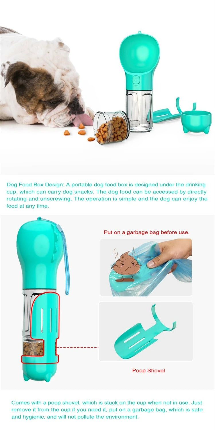 Portable Water Bottle (Poop scoop + Treat storage + Water bowl + Poo bag dispenser)